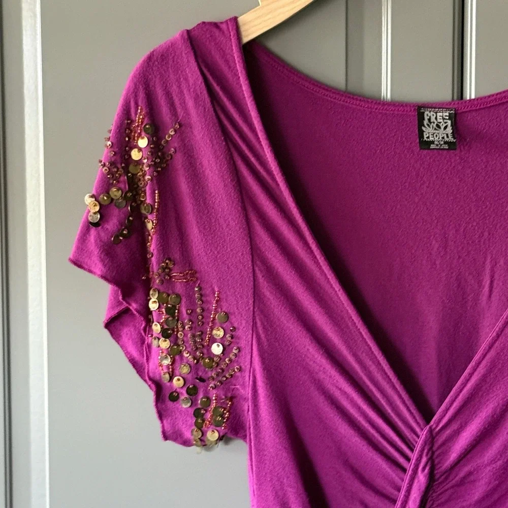 Free People Vintage Ruched Sequin Embellished‎ V-Neck Mini Dress, Purple Gold, M